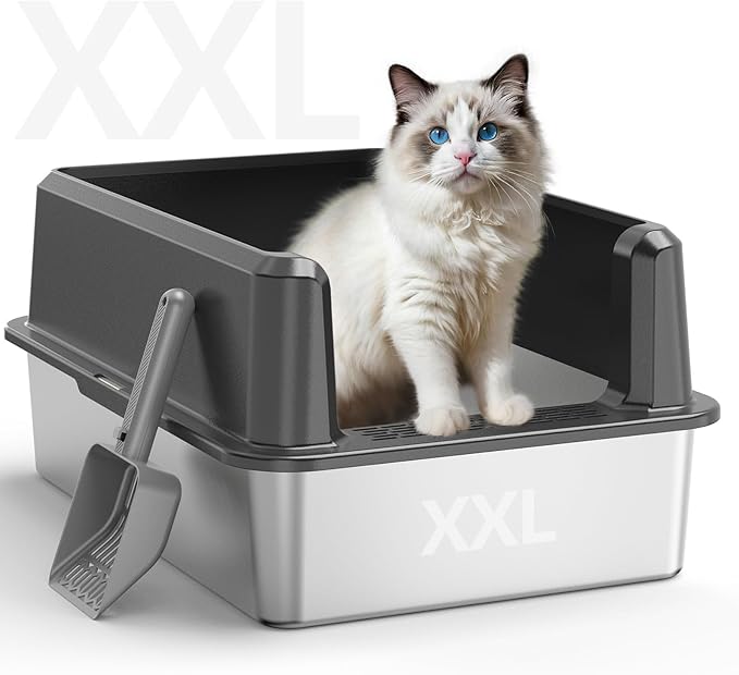 Enclosed Stainless Steel Cat Litter Box with Lid, XL Extra Large Litter Box for Big Cats, Metal Litter Pan High Sided, Never Absorbs Odors, Anti-Urine Leakage, Include Scoop (65-Darkgray)