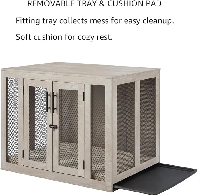 unipaws 38.5 Inch Large Dog Crate Furniture, Wooden Dog Kennel for Large Breed, Indoor Decorative Wood Dog Cage, Inside Side End Table Crate with Tray and Dog Bed, Dog Enclosure