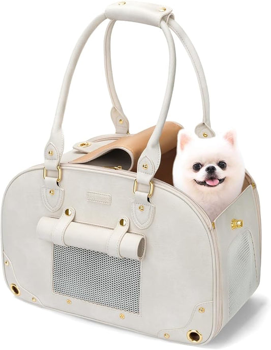 PetsHome Dog Carrier Purse, Pet Carrier, Foldable Waterproof Premium Leather Pet Travel Portable Bag for Cat and Small Dog Home & Outdoor Small Beige