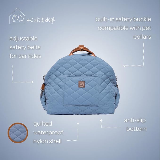 4 Cats & Dogs Mew Mew Travel Pet Bed – Soft Carrier for Small Dogs & Cats, Water-Resistant Quilted Shell, Adjustable Belts for Car Travel, Anti-Slip Bottom, Portable Pet Bed & Travel Bag - Blue Steel
