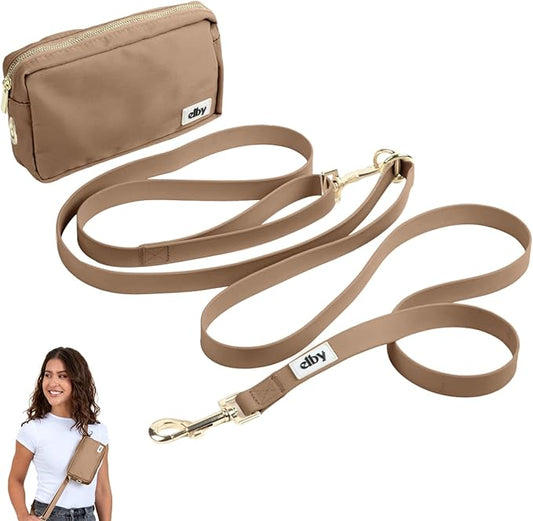 elby - Hands Free Dog Leash with Treat Pouch - Dog Walking Accessories - Dog Training Leash with Fanny Pack - Dog Accessories and Walking Essentials - Medium and Large Dogs (Dark Beige, Regular)