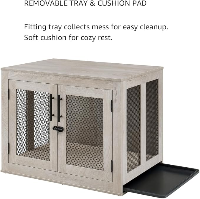 unipaws 30 Inch Dog Crate Furniture, Wooden Dog Kennel for Small Breeds, Indoor Decorative Wood Dog Cage, Inside Side End Table Crate with Removable Tray and Cushion Bed, Puppy Enclosure