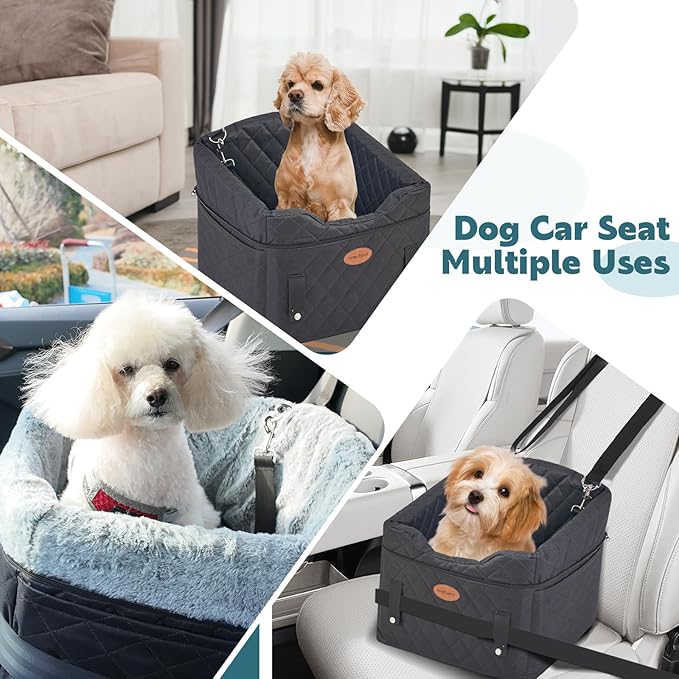 Dog Car Seat with Loops Dog Booster Seat for All Seasons, Anti Slip Bottom Pet Travel Bed with Thick Pets Sofa Cushion and Storage Pockets for Small Pets（Black）