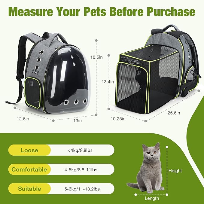 Lekereise Cat Backpack Carrier, Expandable Large Space Cat Bubble Backpack for Kitty Small Dog up to 18lbs, Transparent Pet Carrier for Travel, Hiking, Walking & Outdoor, Large, Gray