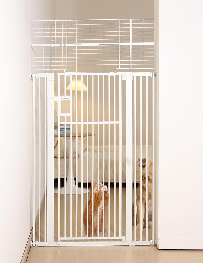 No Pawblems Upgraded 71" Extra Tall Pet Gate for Cat, 29-43" Auto Close Cat Gate for Doorways/Stairs/Hallways, NO Drilling Pressure Mounted Tall Dog Gate Indoor, 1.37" Pet-Safe Gap, White