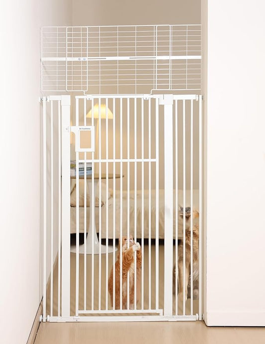 No Pawblems Upgraded 71" Extra Tall Pet Gate for Cat, 29-43" Auto Close Cat Gate for Doorways/Stairs/Hallways, NO Drilling Pressure Mounted Tall Dog Gate Indoor, 1.37" Pet-Safe Gap, White