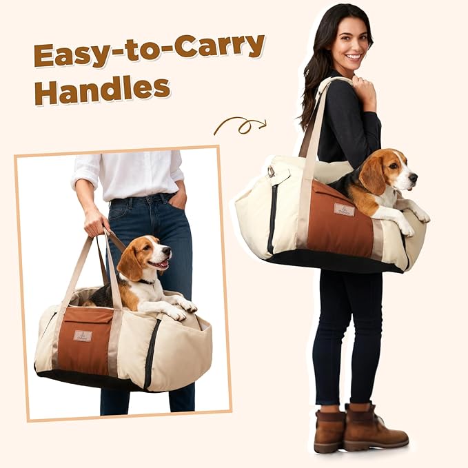 Dog Car Seats for Small Dogs, Waterproof Puppy Car Seat with Side Handles and Large Pockets, Clip-On Safety Leash and PP Cotton Filling, Pet Booster Seat for Small Dog up to 25lbs (Apricot)