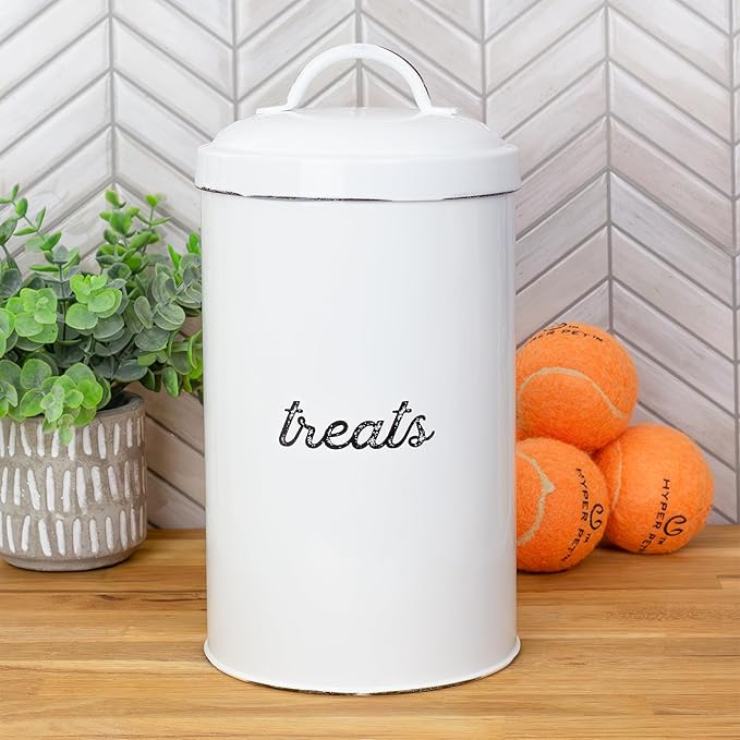 AuldHome Design Enamelware Dog Treat Jar, White Rustic Treats Container