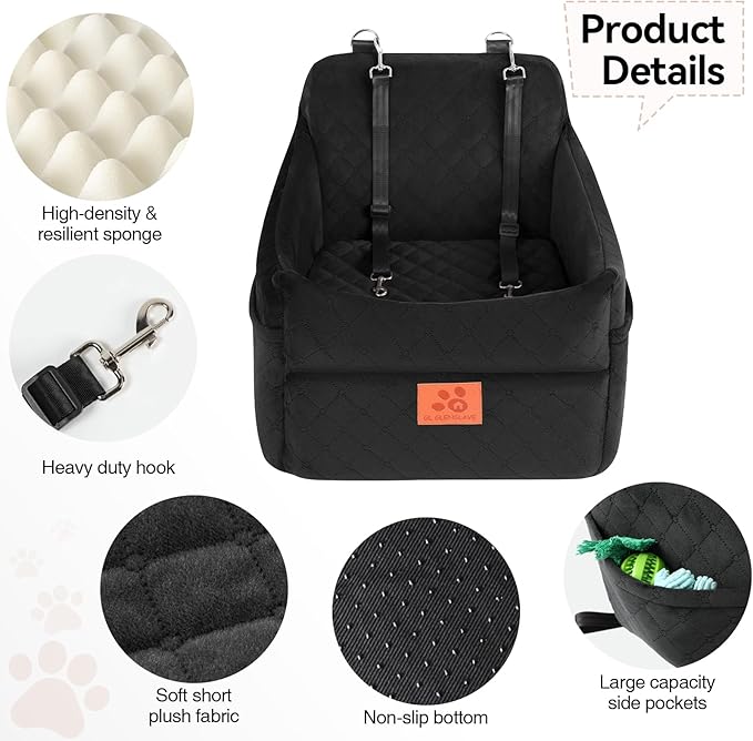 Dog Car Seat for Small/Medium Dogs, Dog Booster Car Seats with Thick Cushion for Dogs Under 35lbs, Detachable Washable Pet Carseat with Storage Pockets, 2 Safety Belts(Black)