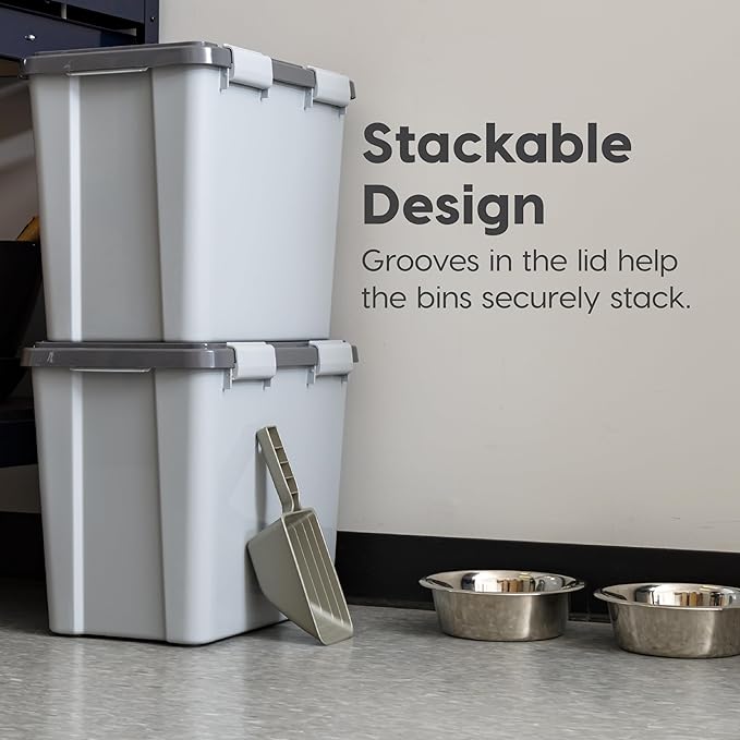 IRIS USA Stackable Dog Food Storage Container with 2 Cup Scoop, 4 Secure Latches, Fits up to 30 lbs, Pet Dry Food Bin, Gasket Seal Lid, BPA Free, Stackable, Easy Measure, Gray/Dark Gray