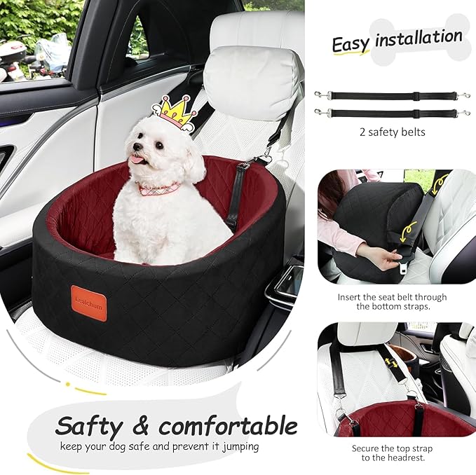 Dog Car Seat for Small Dogs Up to 30 Lbs,Ultra Soft Fabric Fill in Comfy Memory Foam,Happy Pet Ride,2 Safety Dog Leashes,Fully Detachable and Washable,Anti Slip Base(Black/Red)