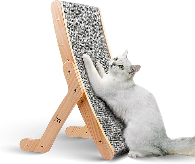 Cat Scratching Board, 3-Position Corrugated Cardboard Cat Scratcher & Lounger with Natural Wood Frame. Large Cats Scratch Pad & Bed for Kittens & Adults. Cat Enrichment & Furniture Protector