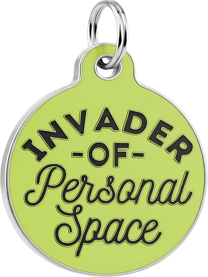 Bad Tags Personalized Dog & Cat ID Tags - Choose from 25+ Tag Designs - Free 5 Lines Custom Engraved - Unique, Cute, Funny, Sassy Pet Tag (Invader of Personal Space - Green, Large (1.25 inch))