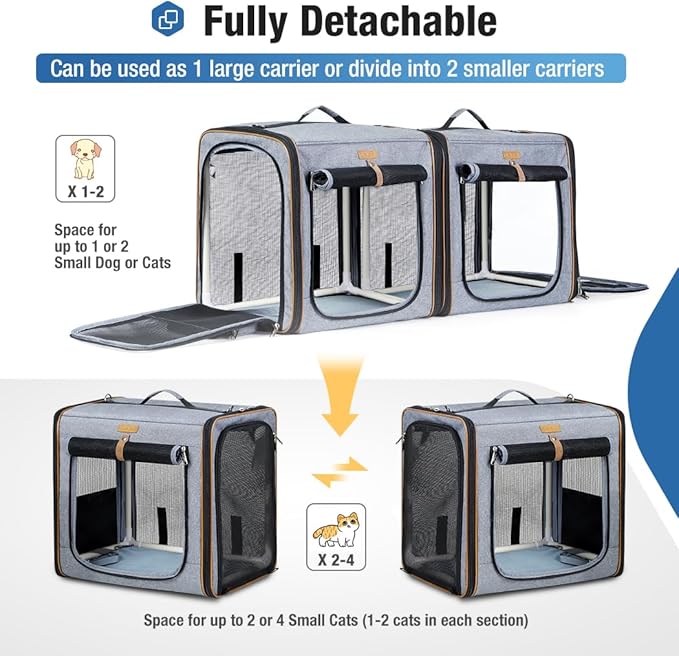 Lekereise 2-in-1 Cat Travel Carrier with Litter Box, (17.7" x2) x16.5"x13" Large Cat Carrier with Zipper Locks for Moving Across The Country (No Hammock) - Grey