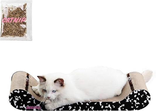 CSR1003B-SET2 Rini 23.75" Modern Cardboard Lounge Bed Cat Scratcher with Built-in Bell Toys and Catnip, Black/White (Set of 2)