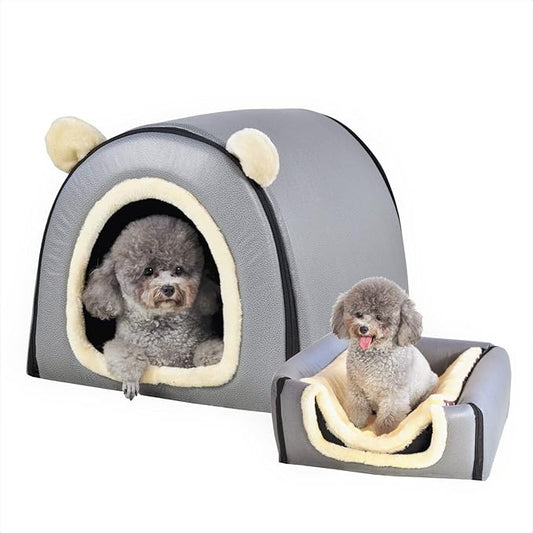 Dog Bed or Cat Bed,2 Ways to Use,Indoor Pet House with Fluffy Mat,Removable and Washable Cover,Splash-Proof House and Non-Slip Bottom,for Medium Dogs and Cats(L Grey Faux Leather)