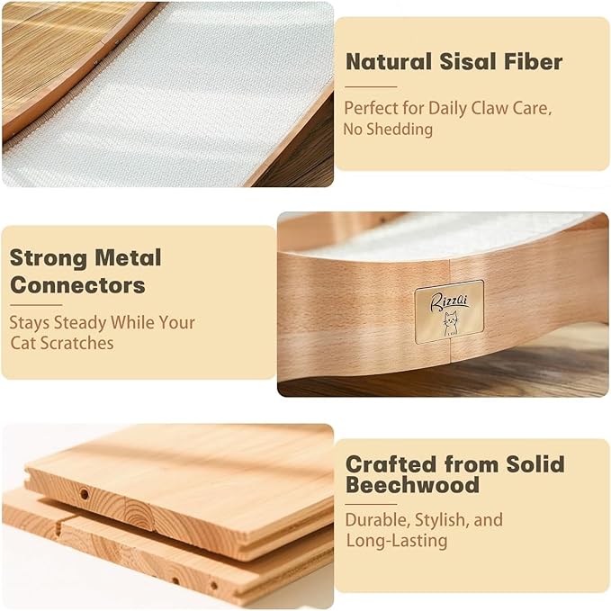 Sisal Cat Scratcher Bed with 3 Toy Balls for Indoor Cats, Durable Wooden 3-in-1 Hammock Lounge & Scratch Pad - Modern Furniture for Large Cats, Scratching Post Lounger