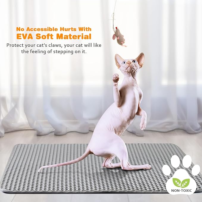 Waterproof Cat Litter Mat, Double Layer EVA, Odor-Free Large Grid, Urine Proof, Easy Cleanup (Gray, 12 x 18)