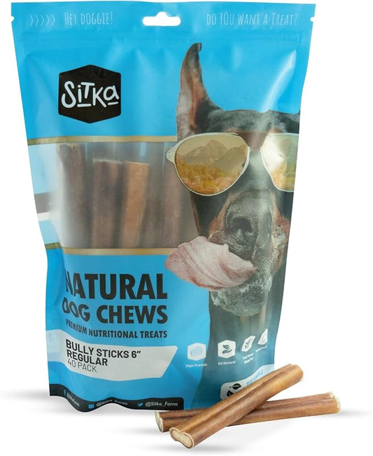 Sitka Farms Bully Sticks, Long Lasting Natural Dog Chews, 6 Inch – 40 Count