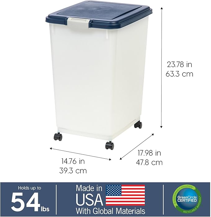 IRIS USA Airtight Pet Food Storage Container, Up to 54 lbs, Attachable Wheels, For Dog Cat Bird and Other Pet Food Storage Bin, Keep Fresh, Easy Mobility, BPA Free, Navy/Pearl