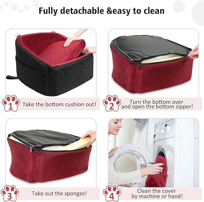 Dog Car Seat for Small Medium Dogs,Detachable Washable Dog Booster Seat Under 30lbs, Pet Car Seats Travel Bed with Storage Pockets and Safety Belt（Black/Red）