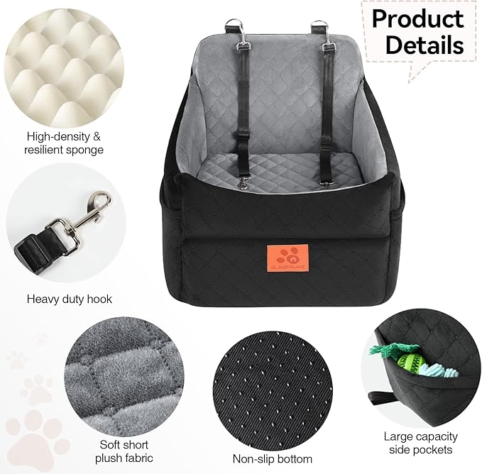 Dog Car Seat for Small/Medium Dogs, Dog Booster Car Seats with Thick Cushion for Dogs Under 35lbs, Detachable Washable Pet Carseat with Storage Pockets, 2 Safety Belts(Black/Grey)