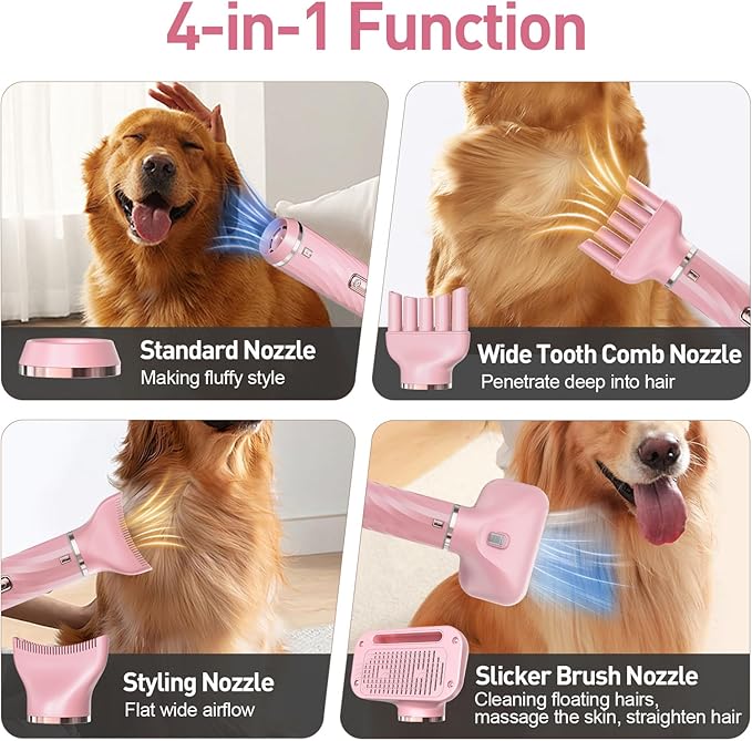 Discala Dog Dryer, Dog Grooming Blow Dryer Kit with Slicker Brush for Pet, High Velocity Blow Dryer for Dogs with Adjustable Speed and Temperature for Pet Grooming Supplies and Home Use, Pink