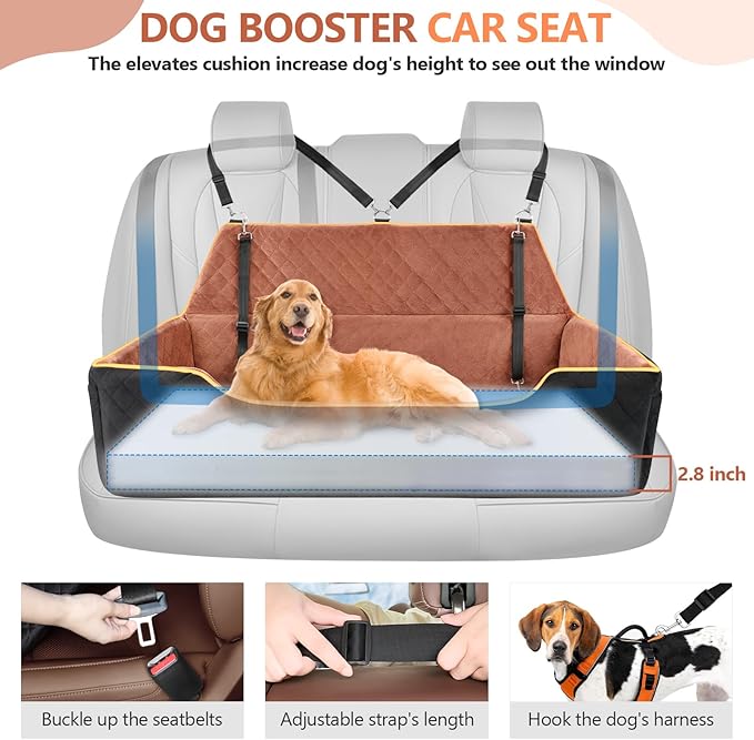 Large Dog Car Seat for Dods Under 100 Lbs, Memory Foam Dog Car Bed for Backseat & Trunk, Detachable and Washable Cover, Pet Travel Seat with Storage Pockets,2 Safety Belts