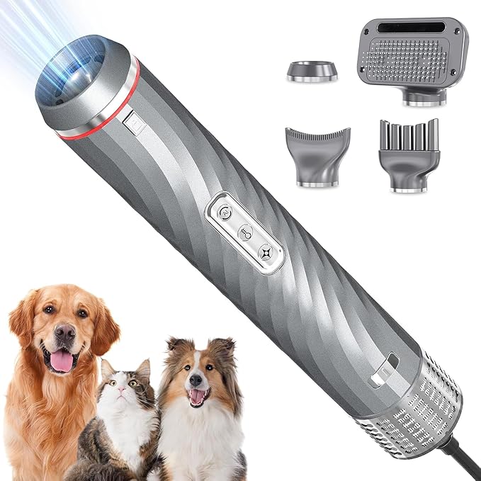 Discala Dog Dryer, Dog Grooming Blow Dryer Kit with Slicker Brush for Pet, High Velocity Blow Dryer for Dogs with Adjustable Speed and Temperature for Pet Grooming Supplies and Home Use, Gray