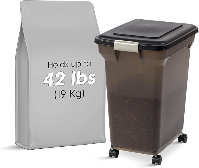 IRIS USA WeatherPro Airtight Dog Food Storage Container, Up to 58 lbs, Attachable Wheels, For Dog Cat Bird and Other Pet Food Storage Bin, Keep Fresh, Easy Mobility, BPA Free, Smoke