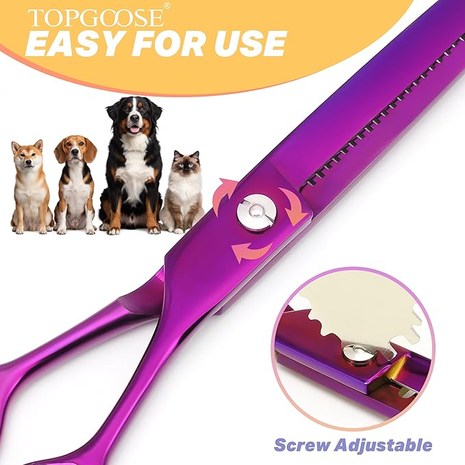 TOPGOOSE 7.5" Dog Grooming Scissor - Professional Thinning Shear with 37 Teeth Japanese Stainless Steel Blender Scissors for Dogs, Cats and Other Pets (Thinning, Purple)