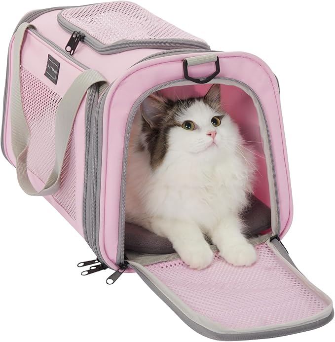 Airline Approved Cat Carrier 17.5×10.5×10.5 in, Escape-Proof Design with Locking Zippers & Safety Leash, Easy-Access 3-Way Entry, Washable Mat, Gift-Ready Holiday Choice for Cats up to 12 lb