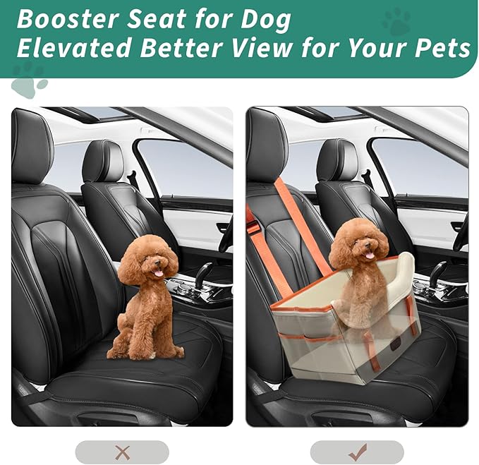 Dog Car Seat for Small Dogs, Fuzzy Dog Car Seat Stable, Waterproof, Foldable with Clip-On Safety Leash, Pet Booster Seat Suitable for Front and Rear Seats (Khaki1-25lbs)