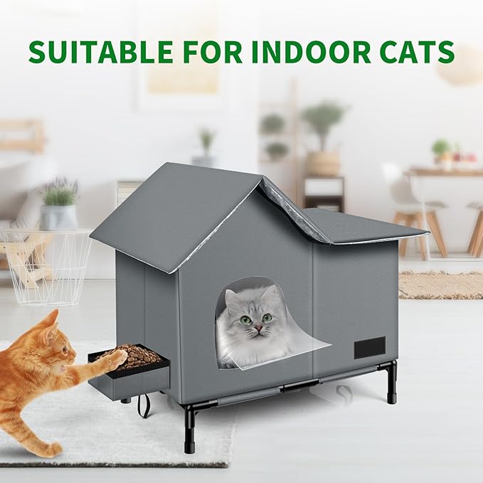 Heated Cat House,Removable Weatherproof Cat Houses for Outdoor Cats with Heating Pad (Gray, Medium)