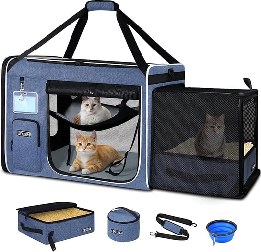 Petskd Side Expandable Extra Large Cat Carrier with Litter Box Area for Long Distance Car Travel,24"x17"x17" Collapsible Soft-Sided Large Pet Carrier with Zipper Locks for 2 Cats Under 55LBS(Blue)