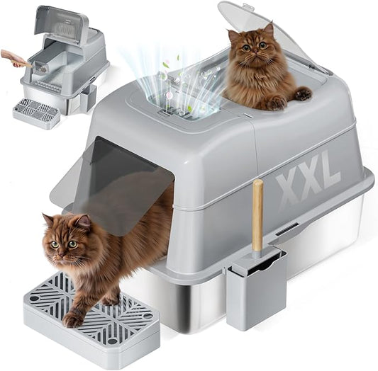 Shikha Stainless Steel Cat Litter Box with 110° Flip-Top Lid -XXL Top Entry Enclosed Litter Box for Large Cats with Deodorization Box, Odor-Free, Non-Sticky, Anti-Leak, Removable Lid for Easy Cleaning