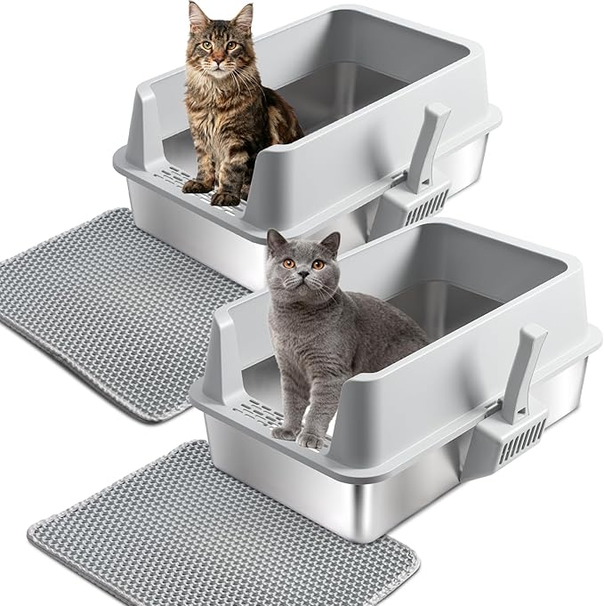 Stainless Steel Litter Box 2 Pack, Metal Cat Litter Box with Lid High Sides,XL Extra Large Litterbox for Big Cats,Non-Stick, Anti-Leakage,Easy to Clean,Include Litter Mat & Scoop,23x14.6x10in