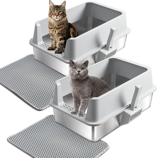 Stainless Steel Litter Box 2 Pack, Metal Cat Litter Box with Lid High Sides,XL Extra Large Litterbox for Big Cats,Non-Stick, Anti-Leakage,Easy to Clean,Include Litter Mat & Scoop,23x14.6x10in