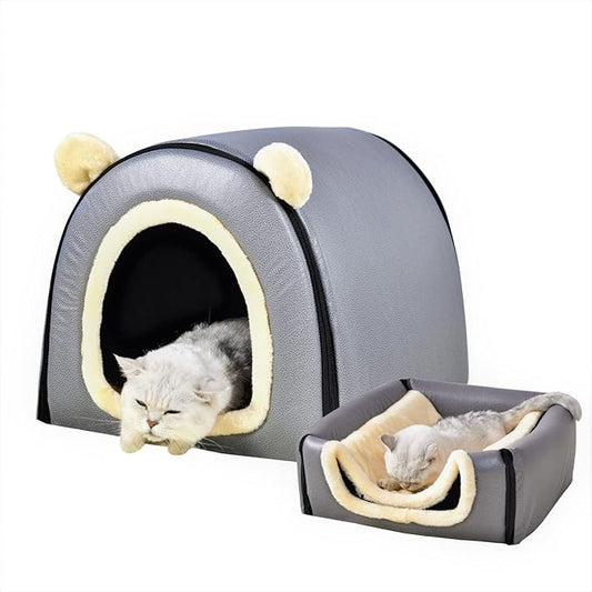 Cat Bed or Dog Bed,2 Ways to Use,Indoor Pet House with Fluffy Mat,Removable and Washable Cover,Splash-Proof House and Non-Slip Bottom,for Cats and Small Dogs(S Grey Faux Leather)