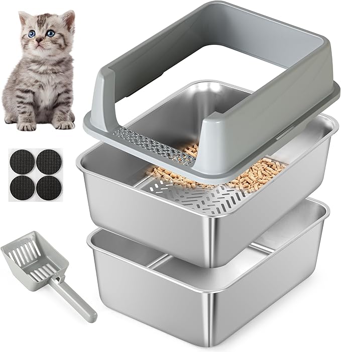 Stainless Steel Sifting Litter Box for Pine Pellets, Sifting Cat Litter Box with Sifter, High Side for Small Cats, Anti-Leakage, Odor Control, Includes Scooper, 17.7" x 13.8" x 11"