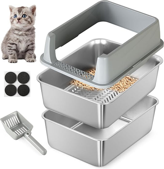 Stainless Steel Sifting Litter Box for Pine Pellets, Sifting Cat Litter Box with Sifter, High Side for Small Cats, Anti-Leakage, Odor Control, Includes Scooper, 17.7" x 13.8" x 11"