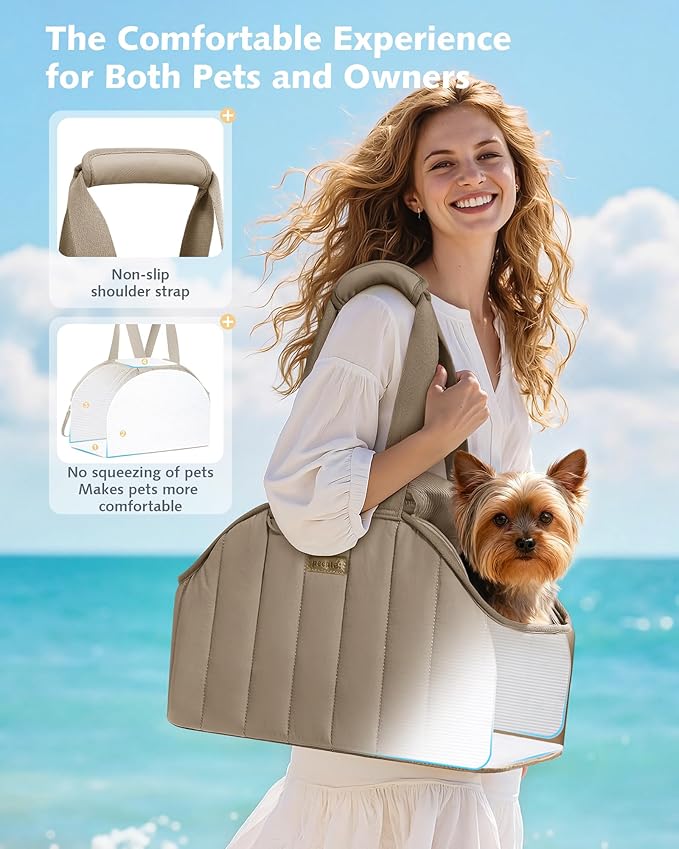 Pecute Dog Purse Carrier, Lightweight Dog Carriers for Small Dogs with Large Pockets, Dog Soft-Sided Carriers up to 9lbs, Pet Carrier for Puppy Cat Rabbit, Suitable for Travel, Subway, Khaki