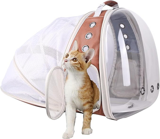 Back Expandable Cat Backpack Carrier, PU Leather Fit up to 12 lbs, Space Capsule Bubble Window Pet Carrier for Bunny Small Puppy, Backpack for Kitten