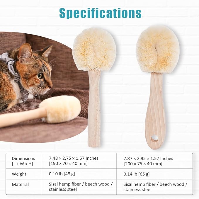 Cat Grooming Massage Tawashi Brush with Wood Handle Less Static Natural Sisal Fiber Made in Japan (Type-A)