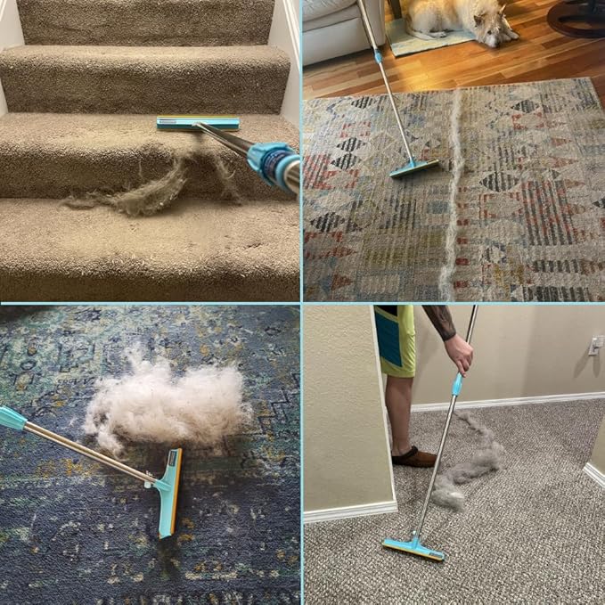 Uproot Cleaner Xtra Pet Hair Removal Tool: Reusable Carpet Rake with Telescopic 60" Handle - As Powerful as Uproot Cleaner Pro Pet Hair Remover, but Made for Carpets, Curtains - Don't Bend Don't Kneel
