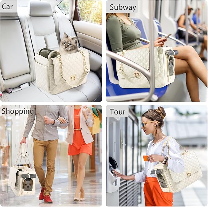 Fashion Dog Purse for Small Dogs with 2 Super-Large Pockets, Holds Up to 10lbs PU Leather Pet Carrier, Cat Carrier, Airline Approved Puppy Purse for Travel (White, Small Size)