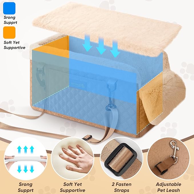 QUMY Dog Car Seats for Small Dogs Up to 11lbs, Portable Center Console Dog Booster Seat, Multi-Purpose Puppy CarSeat with Adjustable Safety Belt, Travel Pet Car Carriers for Small Dogs and Cat, Khaki