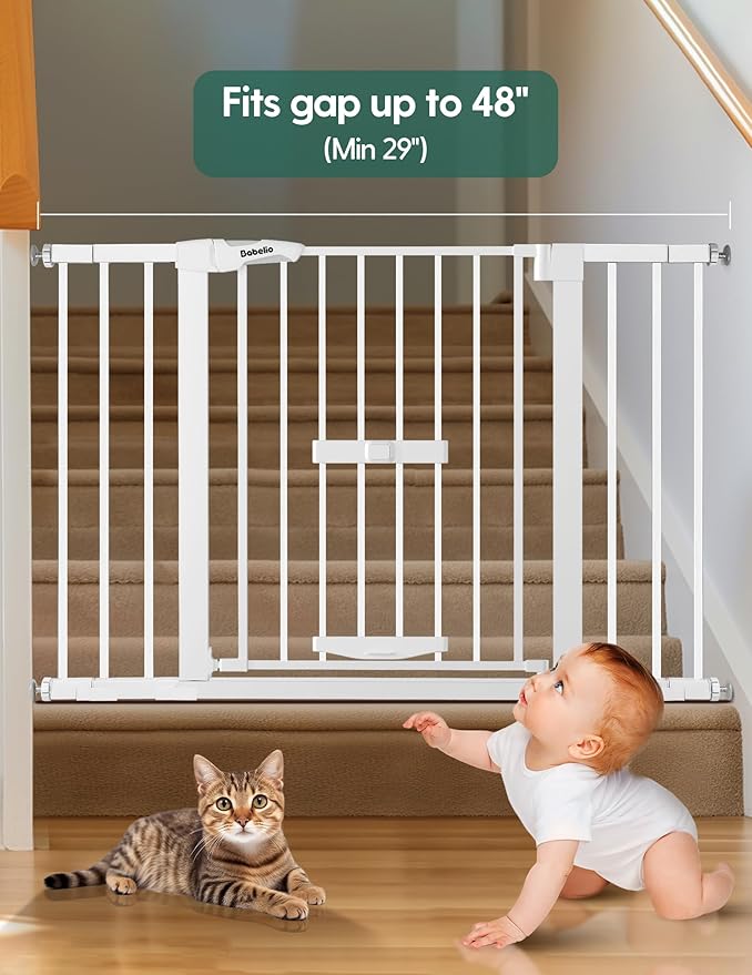 BABELIO 29-48" Extra Wide Baby Gate with Cat Door,Auto Close Metal Pet Door for Stairs, Doorways, House, Pressure/Hardware Mounted, Easy Walk Thru, White