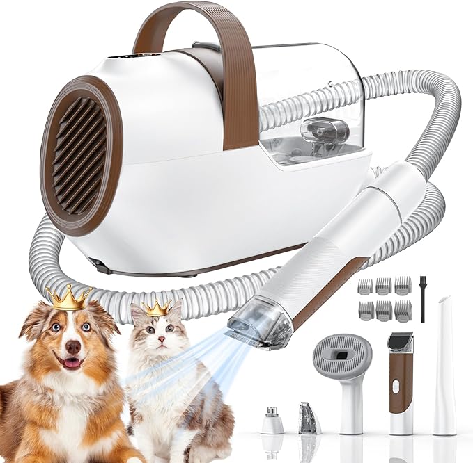 Dog Grooming Vacuum, Dog Grooming Kit with Pet Clipper Nail Grinder, 3 Suction Modes Dogs Brush Vacuum with 6 Pet Grooming Tools (Beige)