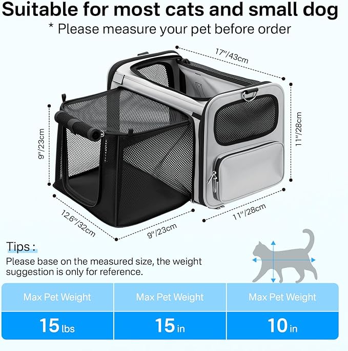 Expandable Cat Carrier, Airline Approved Soft Sided Pet Carrier for Cats & Small Dogs Up to 15 lbs, with Locking Safety Zippers & Cozy Fleece Pad, Portable for Car & Vet Visits, Black